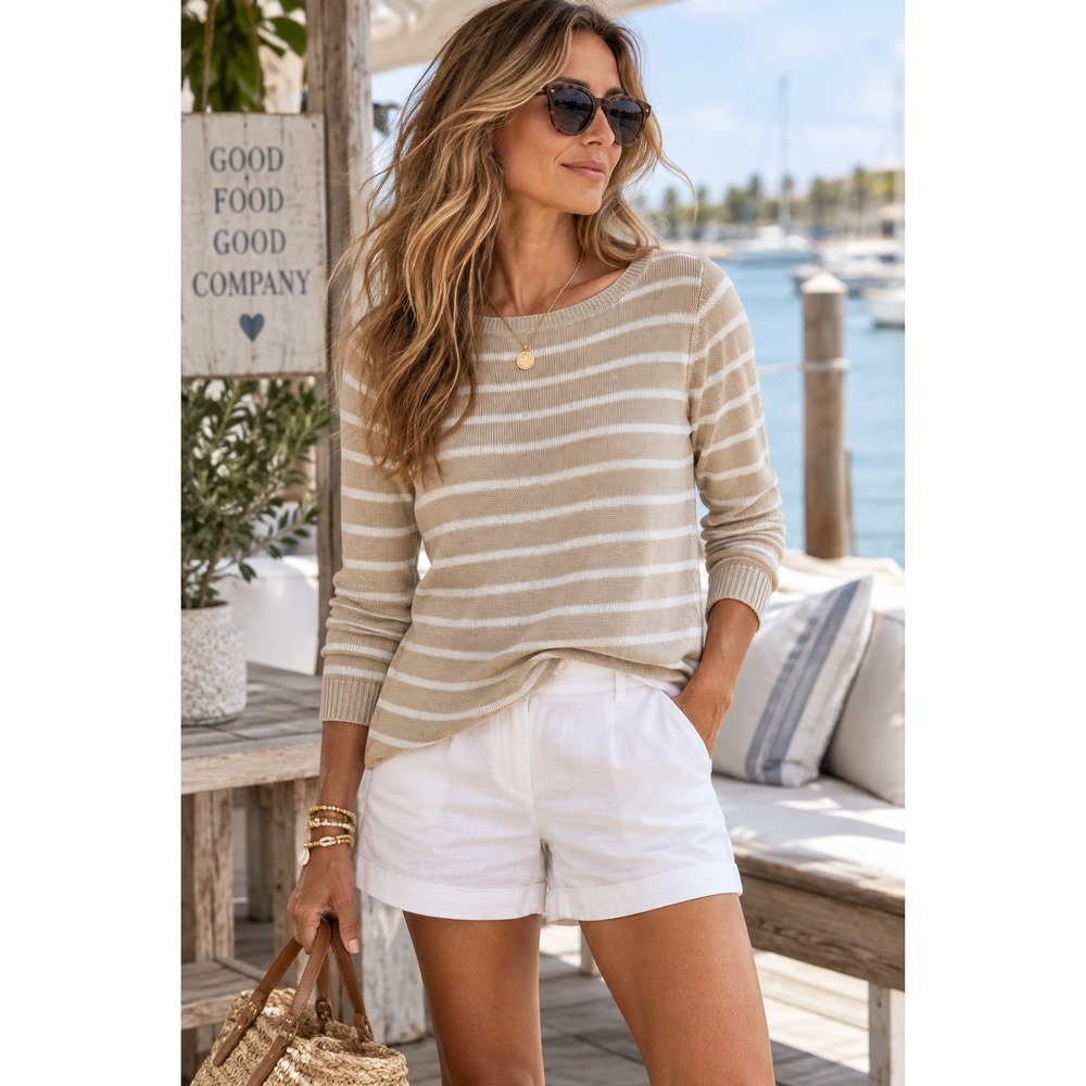 Talbots 100% Linen Striped Boatneck Sweater Womens L Tan White Nautical Coastal